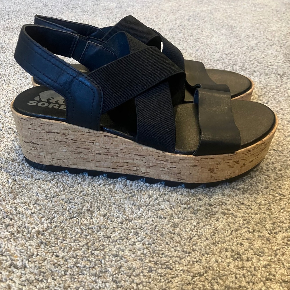 Sorel Cameron Flatform Black Leather Cork Wedge Sandals Womens 6.5 Edgy Boho - Picture 4 of 7